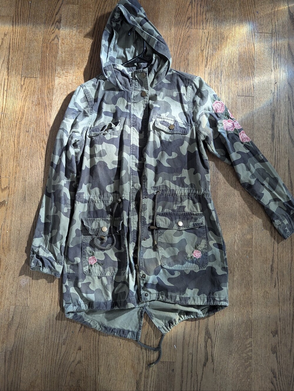 Blue Rain Green Camo Hooded Utility Jacket with Pink Rose Embroidery
